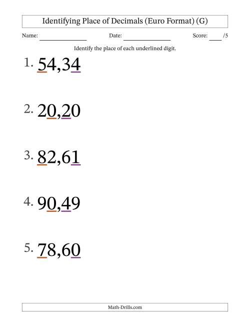 The Euro Format Identifying Place of Decimal Numbers from Hundredths to Tens (Large Print) (G) Math Worksheet