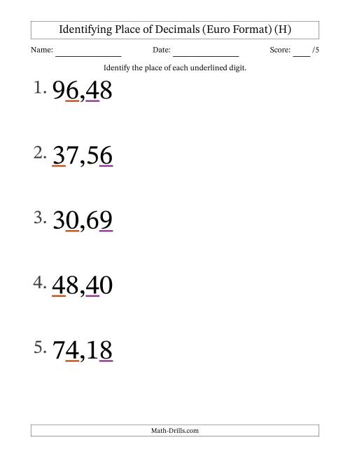 The Euro Format Identifying Place of Decimal Numbers from Hundredths to Tens (Large Print) (H) Math Worksheet