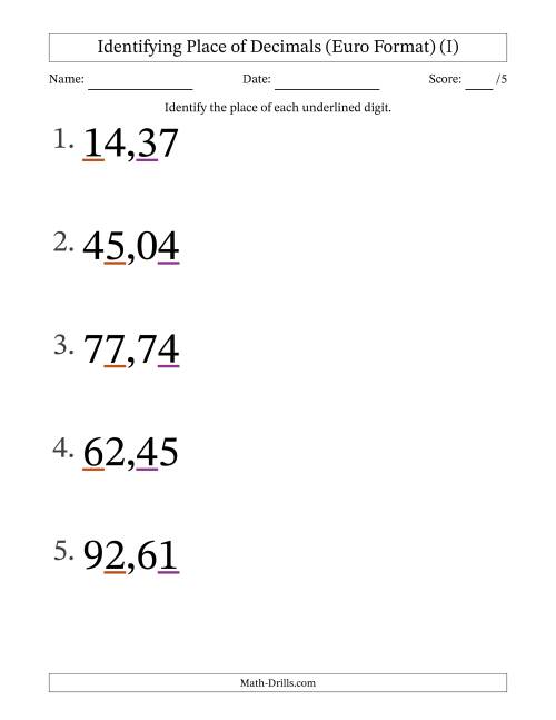 The Euro Format Identifying Place of Decimal Numbers from Hundredths to Tens (Large Print) (I) Math Worksheet