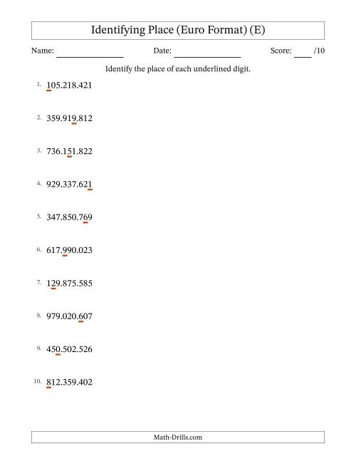 The Euro Format Identifying Place from Ones to Hundred Millions (E) Math Worksheet