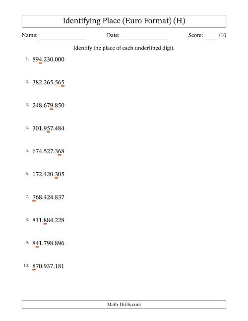 The Euro Format Identifying Place from Ones to Hundred Millions (H) Math Worksheet