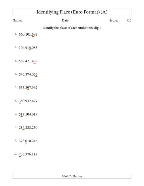 The Euro Format Identifying Place from Ones to Hundred Millions (All) Math Worksheet