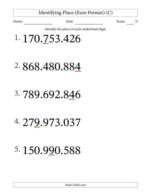 The Euro Format Identifying Place from Ones to Hundred Millions (Large Print) (C) Math Worksheet