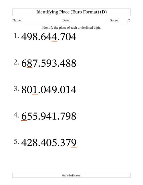 The Euro Format Identifying Place from Ones to Hundred Millions (Large Print) (D) Math Worksheet