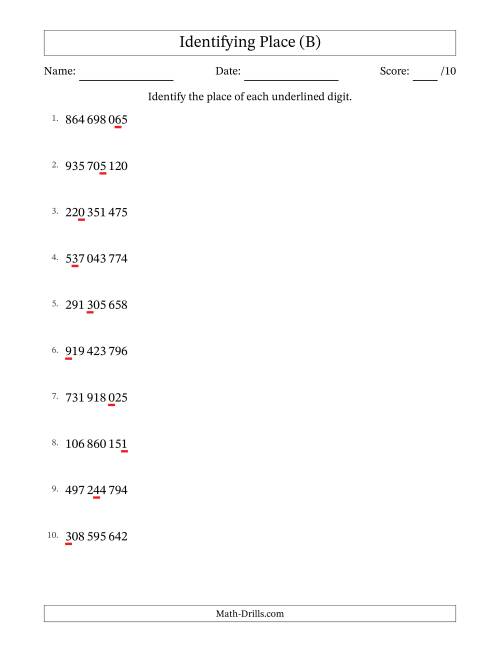 The SI Format Identifying Place from Ones to Hundred Millions (B) Math Worksheet