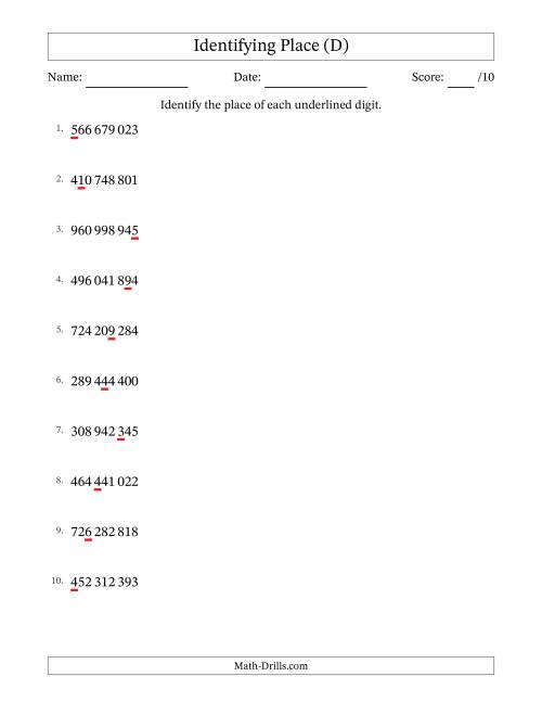 The SI Format Identifying Place from Ones to Hundred Millions (D) Math Worksheet
