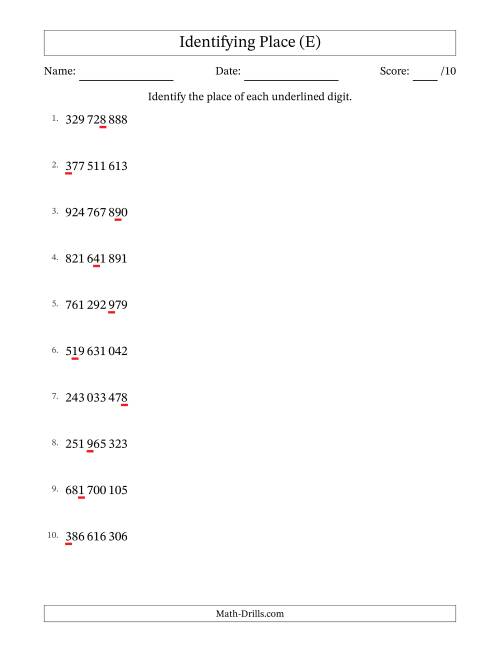 The SI Format Identifying Place from Ones to Hundred Millions (E) Math Worksheet