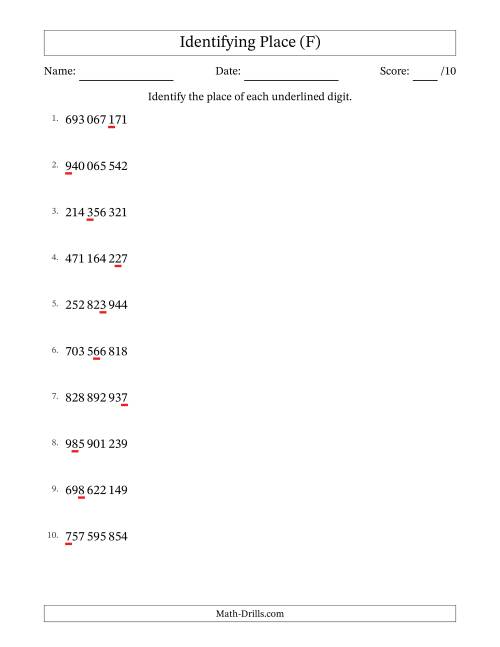 The SI Format Identifying Place from Ones to Hundred Millions (F) Math Worksheet