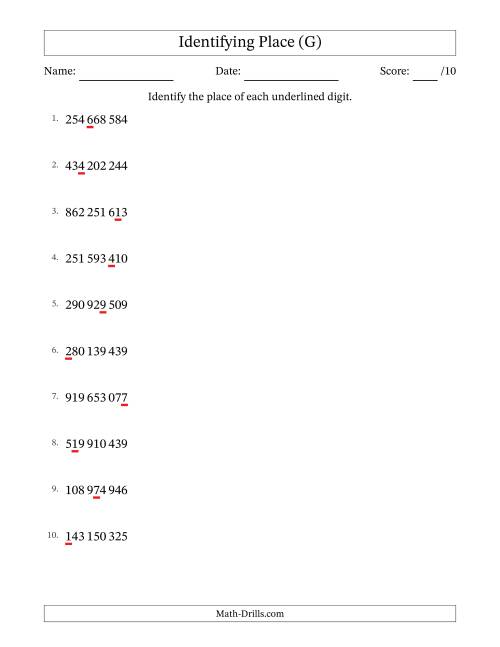 The SI Format Identifying Place from Ones to Hundred Millions (G) Math Worksheet