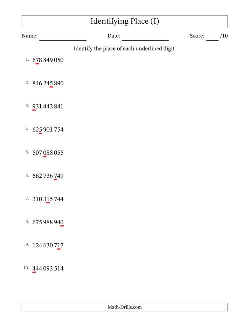 The SI Format Identifying Place from Ones to Hundred Millions (I) Math Worksheet