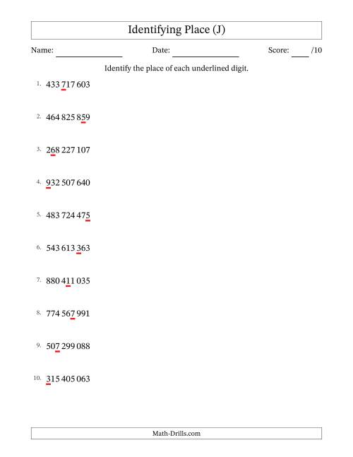 The SI Format Identifying Place from Ones to Hundred Millions (J) Math Worksheet