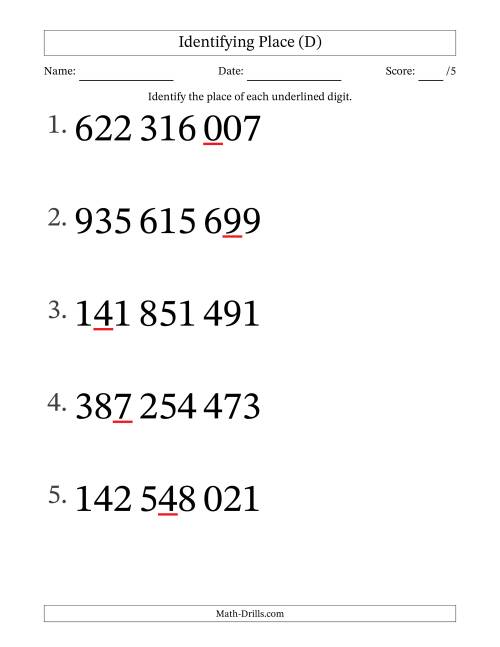 The SI Format Identifying Place from Ones to Hundred Millions (Large Print) (D) Math Worksheet