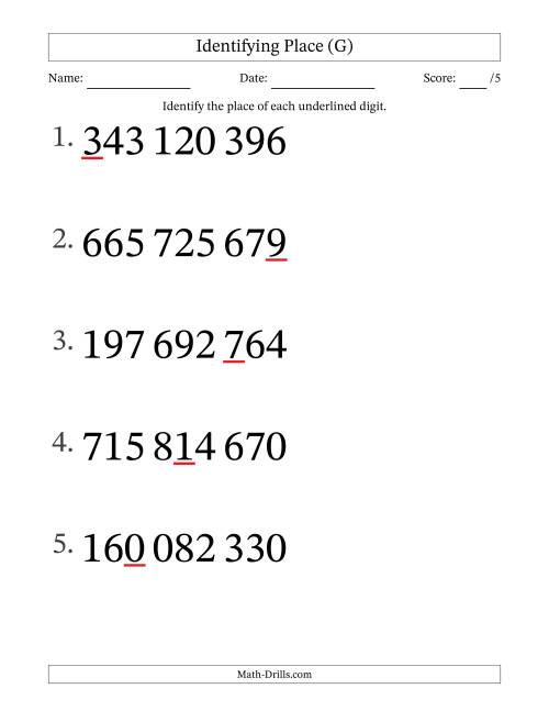 The SI Format Identifying Place from Ones to Hundred Millions (Large Print) (G) Math Worksheet