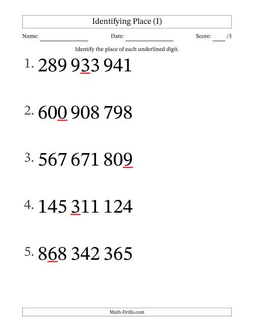 The SI Format Identifying Place from Ones to Hundred Millions (Large Print) (I) Math Worksheet