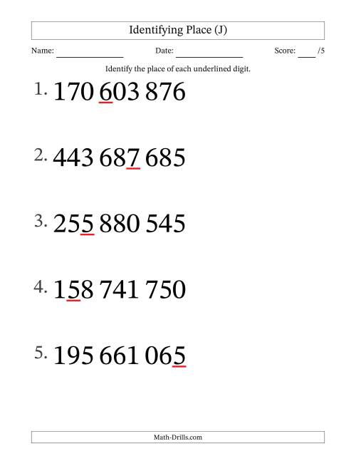 The SI Format Identifying Place from Ones to Hundred Millions (Large Print) (J) Math Worksheet