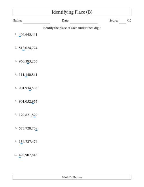 The Identifying Place from Ones to Hundred Millions (B) Math Worksheet