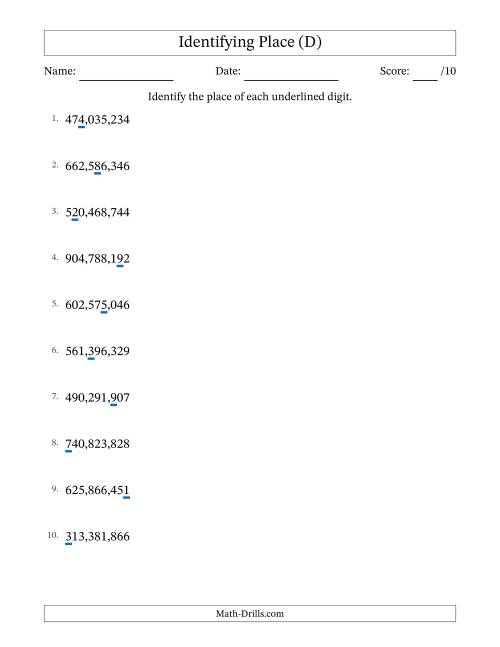 The Identifying Place from Ones to Hundred Millions (D) Math Worksheet
