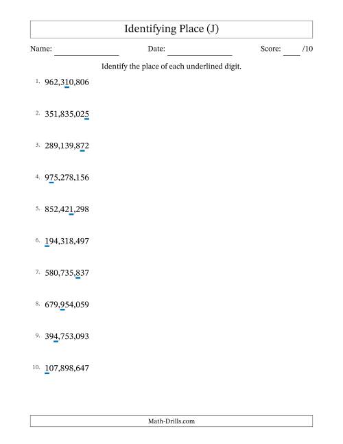 The Identifying Place from Ones to Hundred Millions (J) Math Worksheet