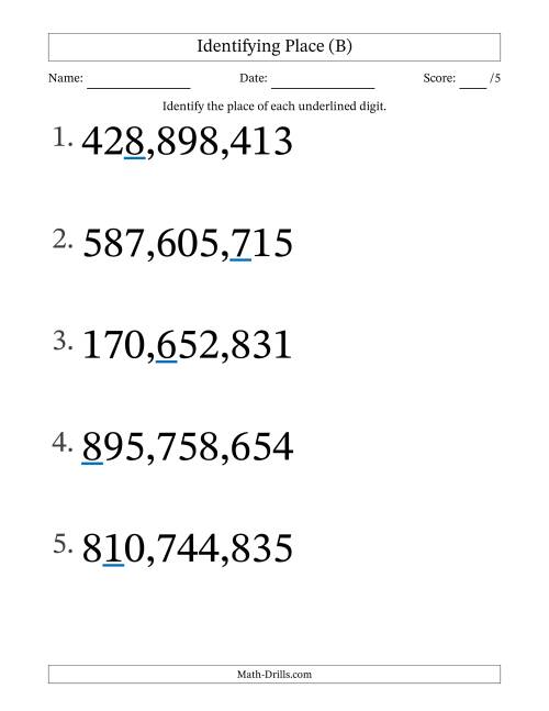 The Identifying Place from Ones to Hundred Millions (Large Print) (B) Math Worksheet