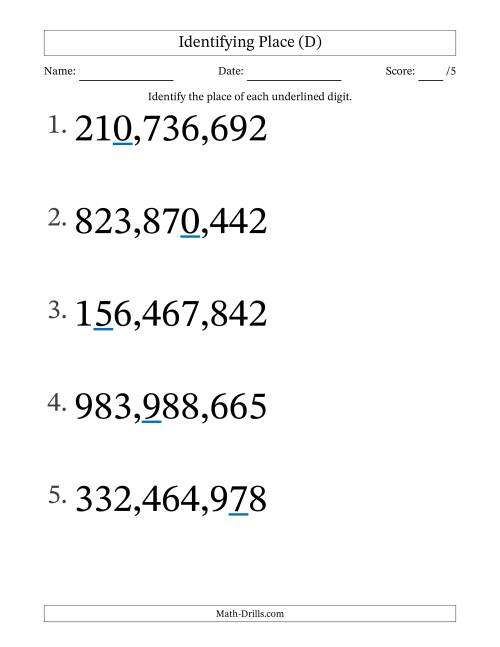 The Identifying Place from Ones to Hundred Millions (Large Print) (D) Math Worksheet