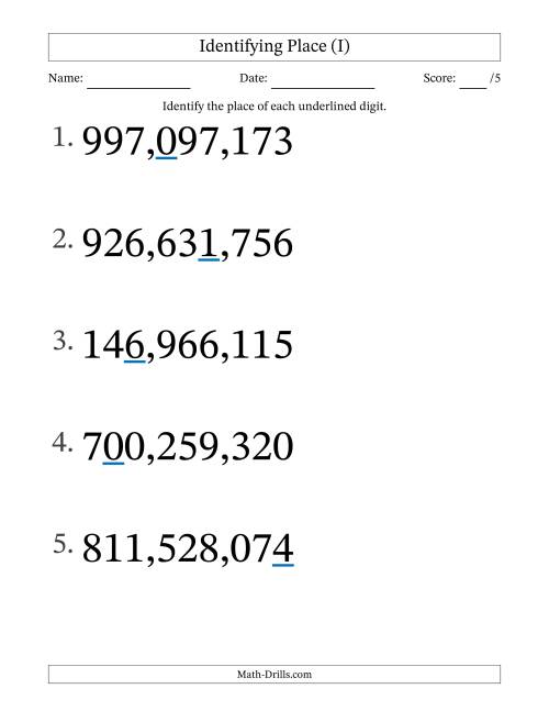 The Identifying Place from Ones to Hundred Millions (Large Print) (I) Math Worksheet