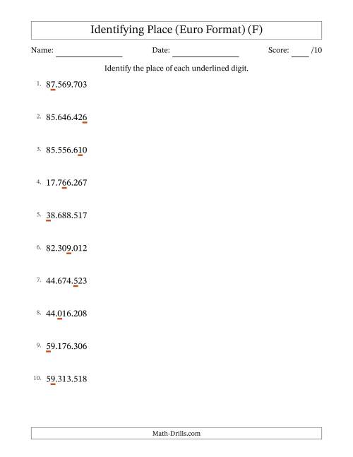 The Euro Format Identifying Place from Ones to Ten Millions (F) Math Worksheet