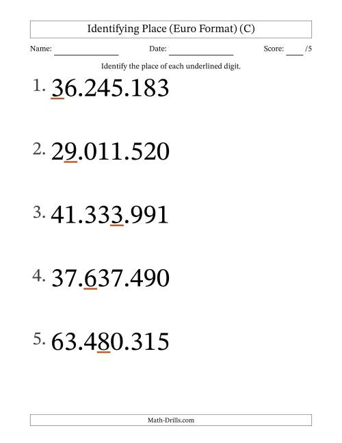 The Euro Format Identifying Place from Ones to Ten Millions (Large Print) (C) Math Worksheet