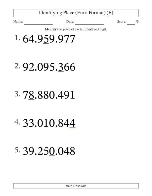 The Euro Format Identifying Place from Ones to Ten Millions (Large Print) (E) Math Worksheet