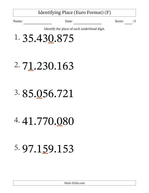 The Euro Format Identifying Place from Ones to Ten Millions (Large Print) (F) Math Worksheet