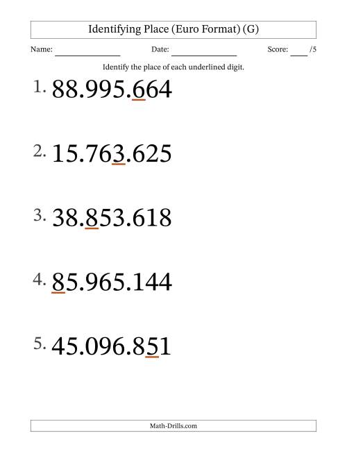 The Euro Format Identifying Place from Ones to Ten Millions (Large Print) (G) Math Worksheet