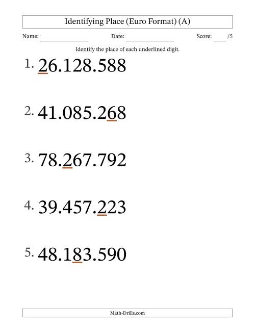 The Euro Format Identifying Place from Ones to Ten Millions (Large Print) (All) Math Worksheet