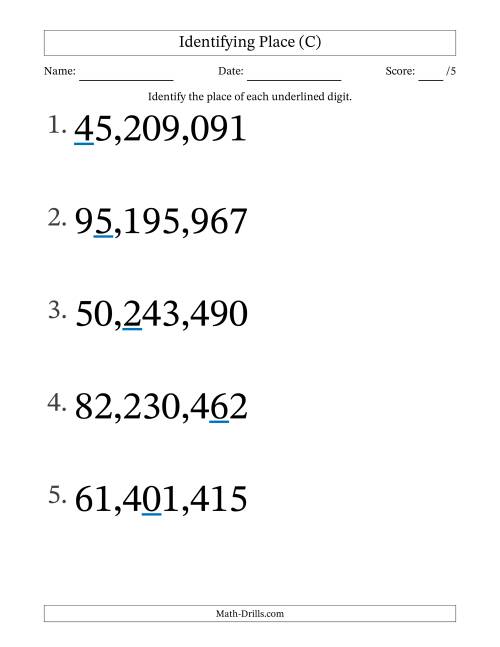 The Identifying Place from Ones to Ten Millions (Large Print) (C) Math Worksheet