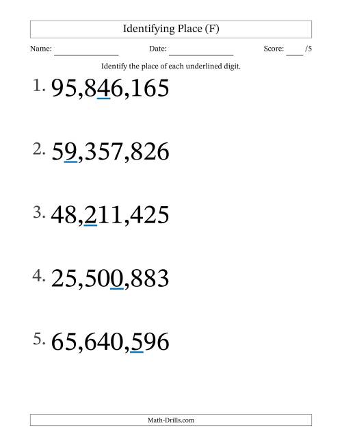 The Identifying Place from Ones to Ten Millions (Large Print) (F) Math Worksheet