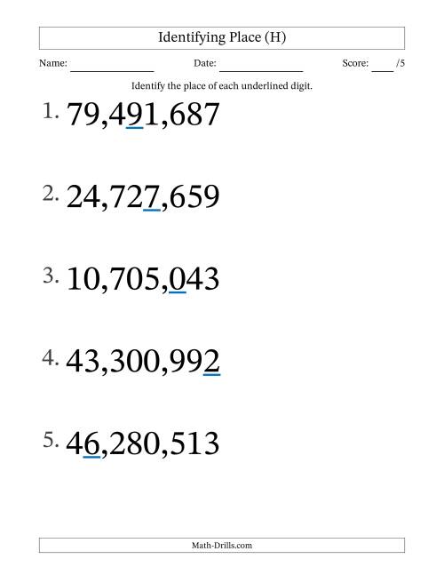 The Identifying Place from Ones to Ten Millions (Large Print) (H) Math Worksheet