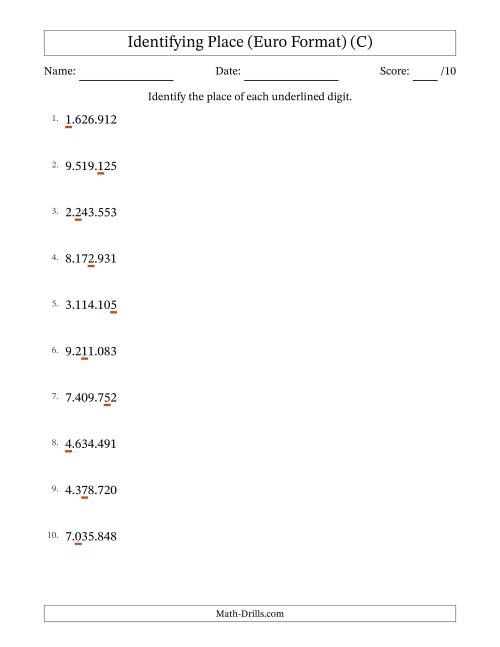 The Euro Format Identifying Place from Ones to Millions (C) Math Worksheet