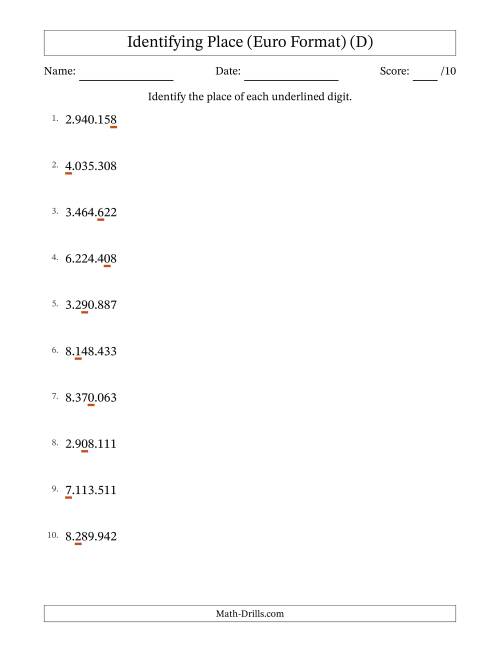 The Euro Format Identifying Place from Ones to Millions (D) Math Worksheet
