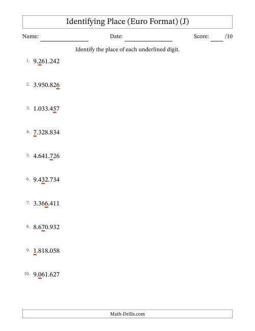The Euro Format Identifying Place from Ones to Millions (J) Math Worksheet