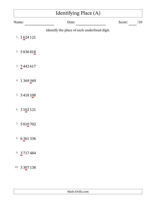 The SI Format Identifying Place from Ones to Millions (A) Math Worksheet