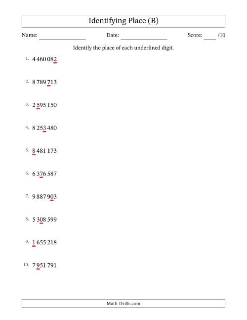 The SI Format Identifying Place from Ones to Millions (B) Math Worksheet