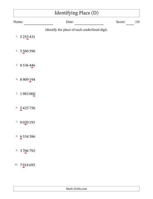The SI Format Identifying Place from Ones to Millions (D) Math Worksheet