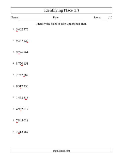 The SI Format Identifying Place from Ones to Millions (F) Math Worksheet