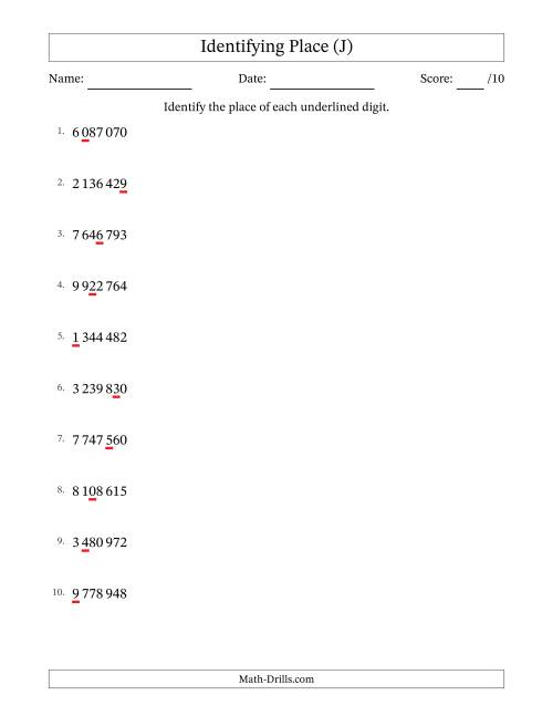 The SI Format Identifying Place from Ones to Millions (J) Math Worksheet