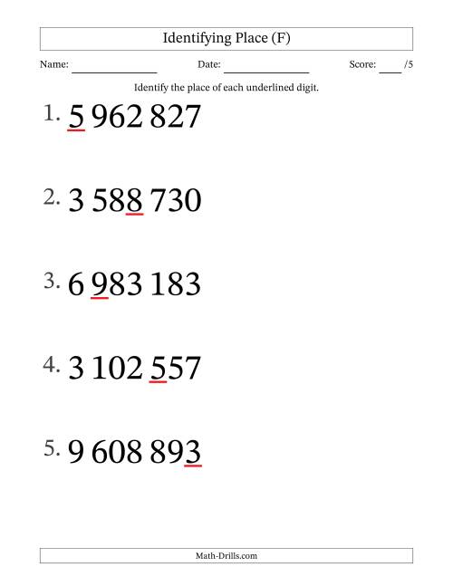 The SI Format Identifying Place from Ones to Millions (Large Print) (F) Math Worksheet