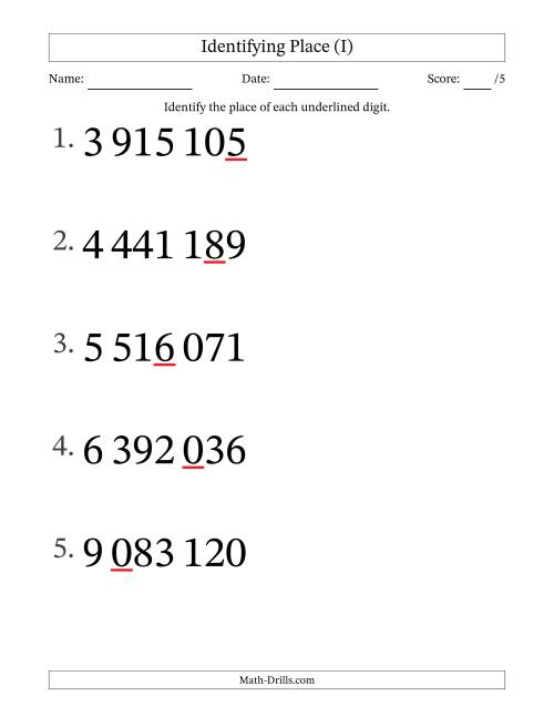 The SI Format Identifying Place from Ones to Millions (Large Print) (I) Math Worksheet