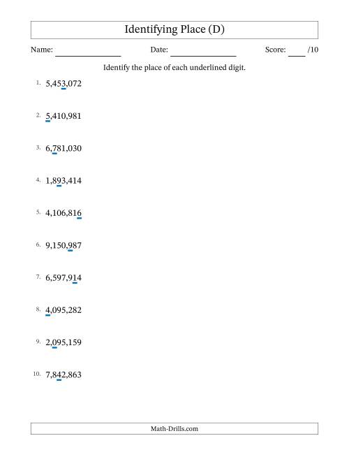 The Identifying Place from Ones to Millions (D) Math Worksheet
