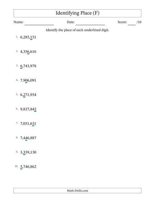 The Identifying Place from Ones to Millions (F) Math Worksheet