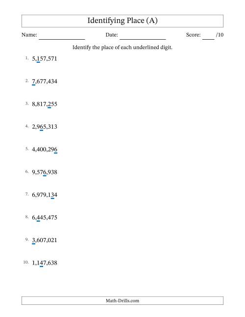The Identifying Place from Ones to Millions (All) Math Worksheet