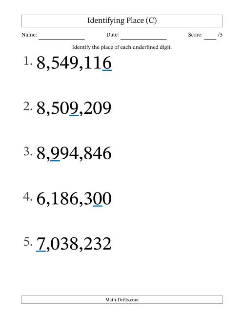The Identifying Place from Ones to Millions (Large Print) (C) Math Worksheet