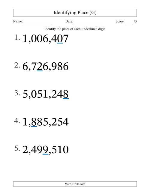 The Identifying Place from Ones to Millions (Large Print) (G) Math Worksheet