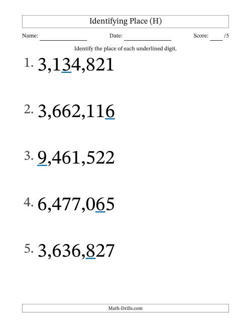 The Identifying Place from Ones to Millions (Large Print) (H) Math Worksheet